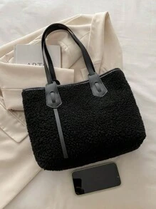 毛绒绒毛绒简约大容量拼色手提包，适合购物、学生、大学、度假、极简主义 - 黑色 - 查看 8