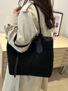 毛绒绒毛绒简约大容量拼色手提包，适合购物、学生、大学、度假、极简主义 - 黑色 - 查看 6