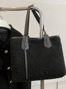 毛绒绒毛绒简约大容量拼色手提包，适合购物、学生、大学、度假、极简主义 - 黑色 - 查看 10