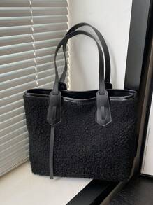 毛绒绒毛绒简约大容量拼色手提包，适合购物、学生、大学、度假、极简主义 - 黑色 - 查看 2