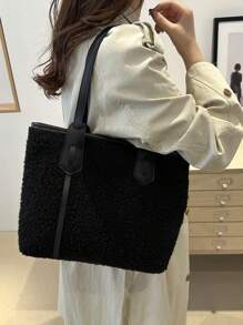 毛绒绒毛绒简约大容量拼色手提包，适合购物、学生、大学、度假、极简主义 - 黑色 - 查看 4