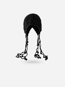 1 件女士纯色钩针帽，保暖护耳防风多功能针织帽，配流苏领带，适合秋冬季街头穿着 - A - 查看 8