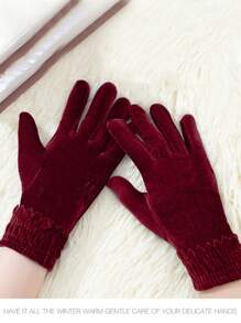 1 Pair Of Women's Burgundy Gold Velvet Gloves, High-End Simple Women's Autumn And Winter Dance Etiquette Cold-Proof And Warm Split-Finger Cycling And Cycling Knitted Gloves, Convenient Outdoor Mountaineering Gloves - Red - View 8