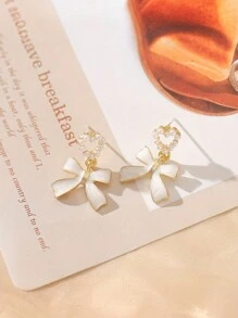 1 对珍珠蝴蝶结耳环女孩耳钉圣诞节、感恩节、新年礼物 - 彩色 - 查看 2