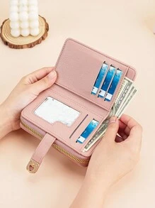 Fashionable Gold-Tone Buckle Fold Short Simple Elegant Litchi Leather Zip Wallet Wallet For Cards Card Holder Pink Bag Thanksgiving For Women Wallet Purse Wallet