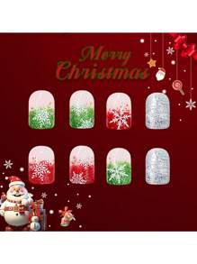 24 件短款亮面方形指甲贴，2024 年新款圣诞法式渐变雪花设计，红白亮片，配软胶和指甲锉 - 彩色 - 查看 4