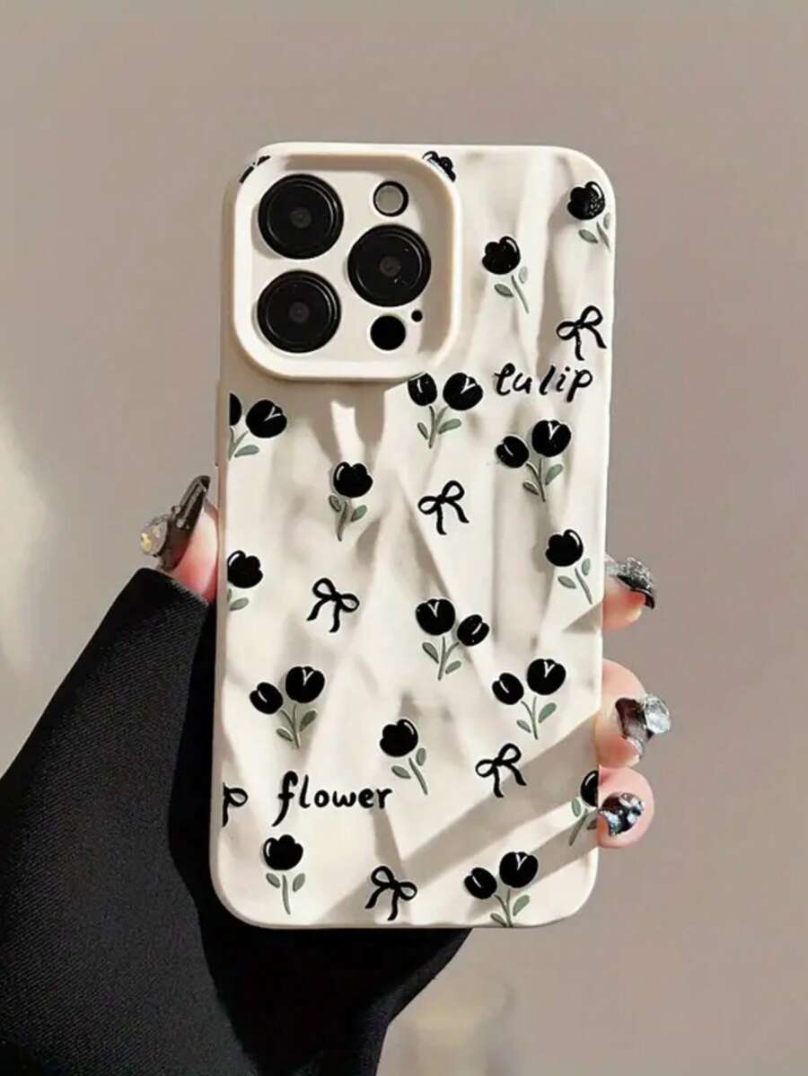 White Pleated Phone Case With Black Bow And Tulip Pattern - White - View 1