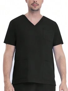 Men's Short Sleeve Stretchy Work Uniform, Lab Coat, Pet Grooming Service, Breathable Elastic Single Pocket Top