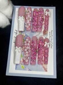 10 móng tay giả dài tự làm thủ công cho tiệc tùng và sử dụng hàng ngày, hình bướm, hoa, đá giả 3D, hoa cho bé gái, dễ sử dụng10 móng tay giả dài tự làm thủ công Y2K, đá quý nhân tạo sáng bóng, phong cách mùa xuân và mùa hè, thích hợp cho bé gái và phụ nữ, tiệc tùng lễ hội và sử dụng hàng ngày - Hồng - Xem 12