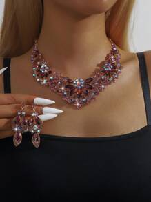 3pcs/Set Fashionable Exaggerated Colored Crystal & Rhinestone Necklace Earrings Bracelet Set, Perfect For Ladies' Wedding & Party Jewelry Gift