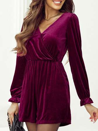 Women's Velvet Plum Ruffled Sleeve Pocket High Waist Casual Jumpsuit