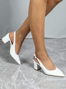 Versatile Pointed Toe Block Heel Slingback Women Shoes - White - View 4