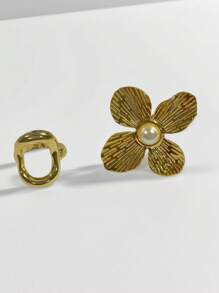 2 chiếc nhẫn nữ tông vàng tối giản - Nhẫn hở hình tròn bất đối xứng rỗng, Nhẫn hoa ngọc trai phóng đại, Bộ nhẫn thời trang - Vàng - Xem 2