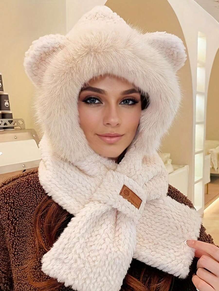 1 件女士一体式帽子和围巾套装，保暖防风护耳帽，可爱甜美，适合骑行，适合日常通勤和校园穿着，秋冬季