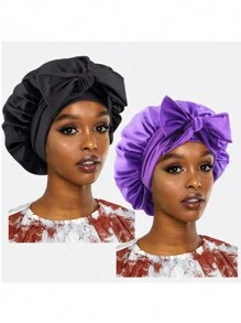 2入組女用寬邊睡眠帽，配絲帶和蝴蝶結裝飾，頭巾帽子，適用於護髮絲綢護髮帽