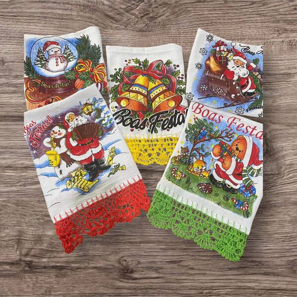 panos de prato com estampas de natal e bainha em croche