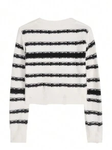Striped Letter Printed Long Sleeve Women Vintage Casual Fitted Crop Top - White - View 5