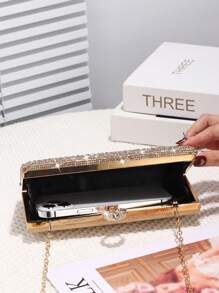Women's Rhinestone Decorated Clutch Bag, Shiny Box-Shaped Handbag With Gemstone Metal Chain, Perfect For Weddings, Parties, Galas, Dinners, Birthday Gifts, Valentine's Day Gifts, Gatherings, Can Be Used As A Shoulder Bag, Handbag, Clutch, Or Cosmetic Bag - Gold - View 8