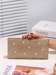 Women's Rhinestone Decorated Clutch Bag, Shiny Box-Shaped Handbag With Gemstone Metal Chain, Perfect For Weddings, Parties, Galas, Dinners, Birthday Gifts, Valentine's Day Gifts, Gatherings, Can Be Used As A Shoulder Bag, Handbag, Clutch, Or Cosmetic Bag - Gold - View 5