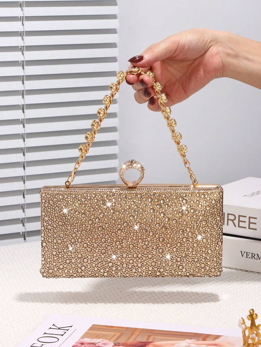 Women's Rhinestone Decorated Clutch Bag, Shiny Box-Shaped Handbag With Gemstone Metal Chain, Perfect For Weddings, Parties, Galas, Dinners, Birthday Gifts, Valentine's Day Gifts, Gatherings, Can Be Used As A Shoulder Bag, Handbag, Clutch, Or Cosmetic Bag