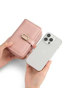 Fashionable Gold-Tone Buckle Fold Short Simple Elegant Litchi Leather Zip Wallet Wallet For Cards Card Holder Pink Bag Thanksgiving For Women Wallet Purse Wallet