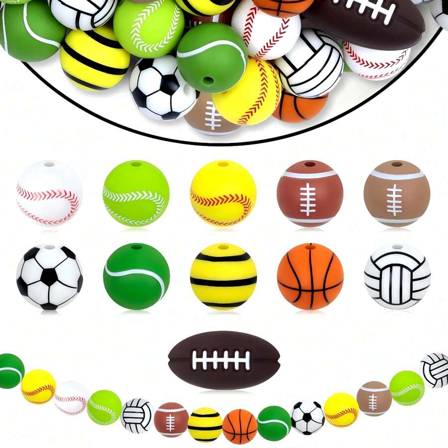 10/40pcs Sports Ball Themed Silicone Round Beads, All Kinds Of Football, Baseball, Basketball, Baseball Pattern Silicone Loose Beads,Jewelry Making DIY Necklace Bracelet Keychain Pendant Bead Pen Handmade Accessories And Home Decoration Craft Supplies