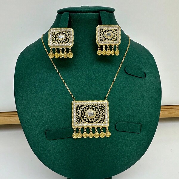 2pcs/Set Middle Eastern Style Zirconia Jewelry Earrings & Necklace Set In Green, Blue, Red, White Colors For Wedding Bridal Dress Accessories, Comes With Gift Box