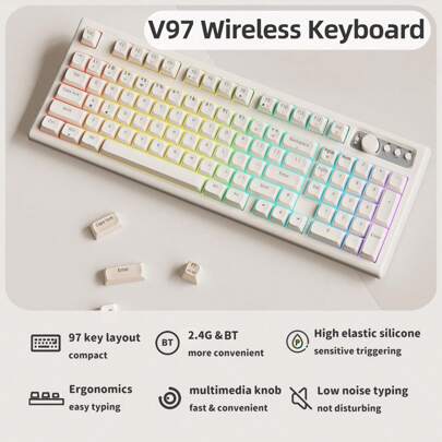 EWEADN 无线键盘，BT/2.4GHz 游戏键盘办公室带 RGB 背光、媒体旋钮、弧形机身、可充电静音电脑键盘适用于/Win PC 游戏玩家-乳白色