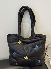 时尚简约大容量休闲多用途女士手提包，带蝴蝶刺绣和加垫肩带，时尚腋下包，适合工作、学校、秋冬 - 黑色 - 查看 10