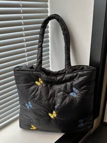 时尚简约大容量休闲多用途女士手提包，带蝴蝶刺绣和加垫肩带，时尚腋下包，适合工作、学校、秋冬 - 黑色 - 查看 9