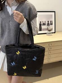 时尚简约大容量休闲多用途女士手提包，带蝴蝶刺绣和加垫肩带，时尚腋下包，适合工作、学校、秋冬 - 黑色 - 查看 3