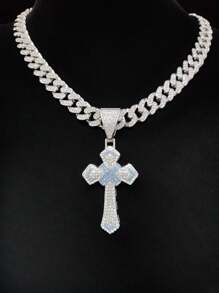 1 件时尚创意男女通用嘻哈吊坠项链，朋克摇滚项链适合派对或日常佩戴，2 种链条款式可选 - 銀色 - 查看 3