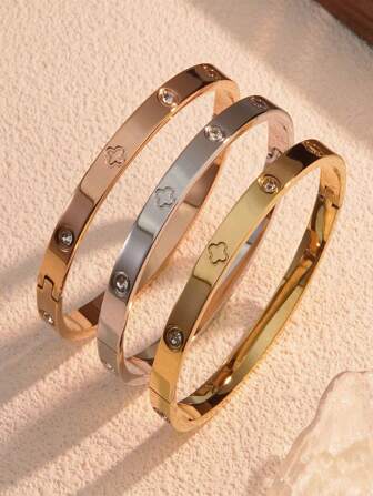 1PC Gold Stainless Steel Artificial Stones Bangle Bracelets For Women Non Tarnish Oval 18k Gold Plated Cubic Artificial Zirconia Flowers Bracelet Designer Jewelry Gift For Teen Girls Valentines,Mom,Mother,Mother's Day,Gift