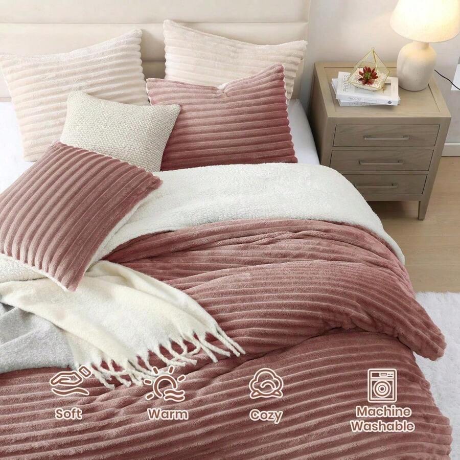 Pillow Sham, Taupe Reversible 3Piece Bed Set For Queen Bed, Plush Warm