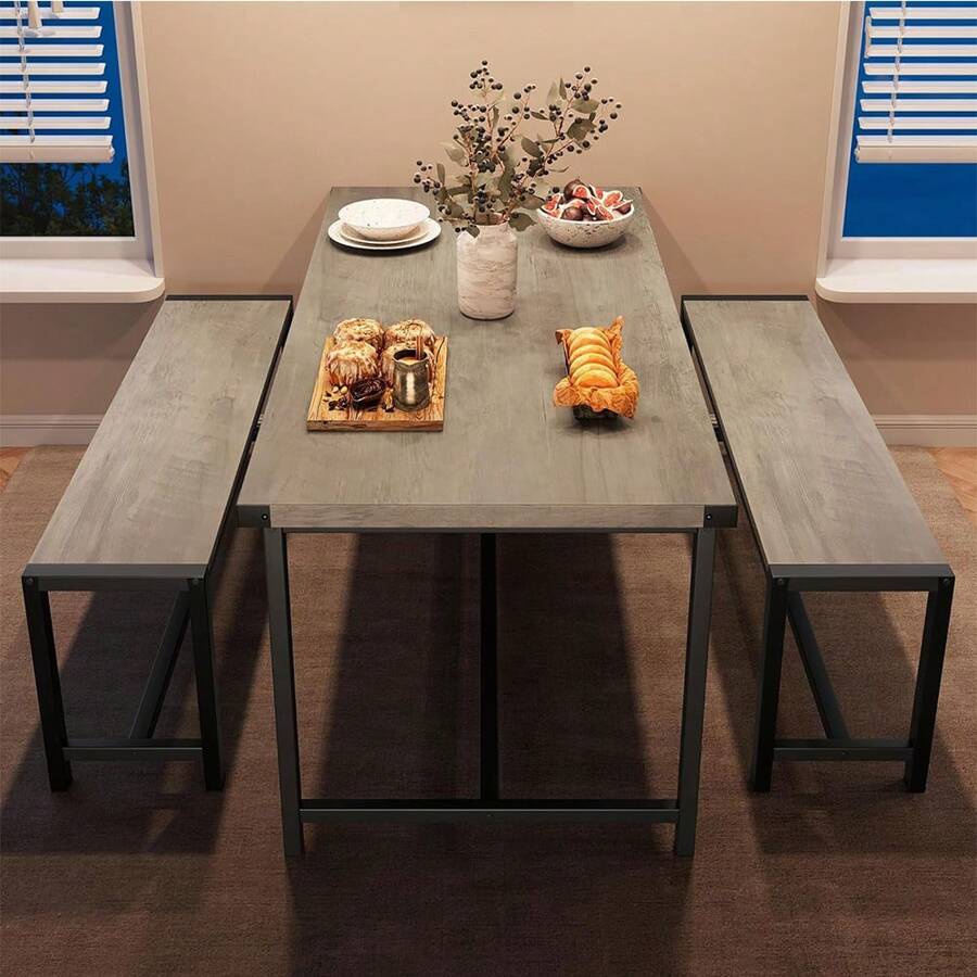 Dining Table Set For 4, Kitchen Table With 2 Upholstered Benches, 3 Piece Dining Room Table Set, Rectangular Space Saving Kitchen Table Set For Apartment, Studio, Home, Marble White, Rustic Black, Rustic Brown, Rustic Gray - 質樸灰 - 查看 1