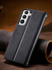 男士单件装牛皮纹PU翻盖手机壳，带支架、卡槽和钱包功能，兼容 6~15 Pro Max，兼容三星S23 Ultra/A14系列，国际版，非国内版 - 黑色 - 查看 7