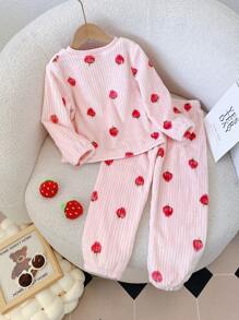Chatreadl Young Girl 2 Pieces Cute Casual Plush Pit Stripe Fabric Strawberry Print Round Neck Long Sleeved Pants Home Suit Suitable For Autumn And Winter - Pink - View 2