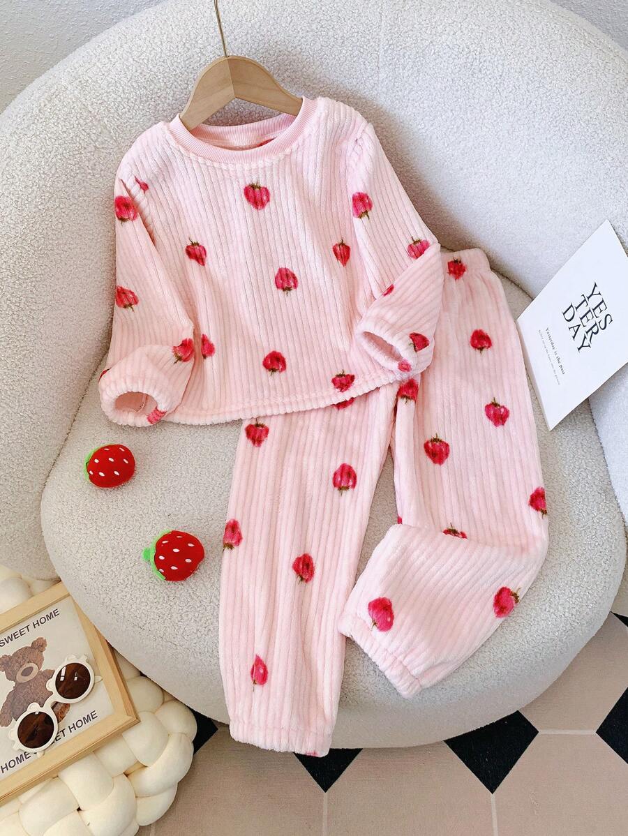 Chatreadl Young Girl 2 Pieces Cute Casual Plush Pit Stripe Fabric Strawberry Print Round Neck Long Sleeved Pants Home Suit Suitable For Autumn And Winter - Pink - View 1