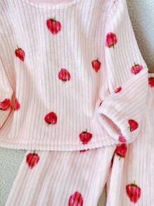 Chatreadl Young Girl 2 Pieces Cute Casual Plush Pit Stripe Fabric Strawberry Print Round Neck Long Sleeved Pants Home Suit Suitable For Autumn And Winter - Pink - View 4