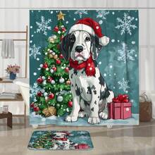 Bộ 4 rèm tắm hình chó Giáng sinh kèm thảm chống trượt, nắp bồn cầu hình chữ U, đồ trang trí phòng tắm hình chó vui nhộn và cây thông Noel, phụ kiện phòng tắm kèm móc treo - Nhiều màu - Xem 4