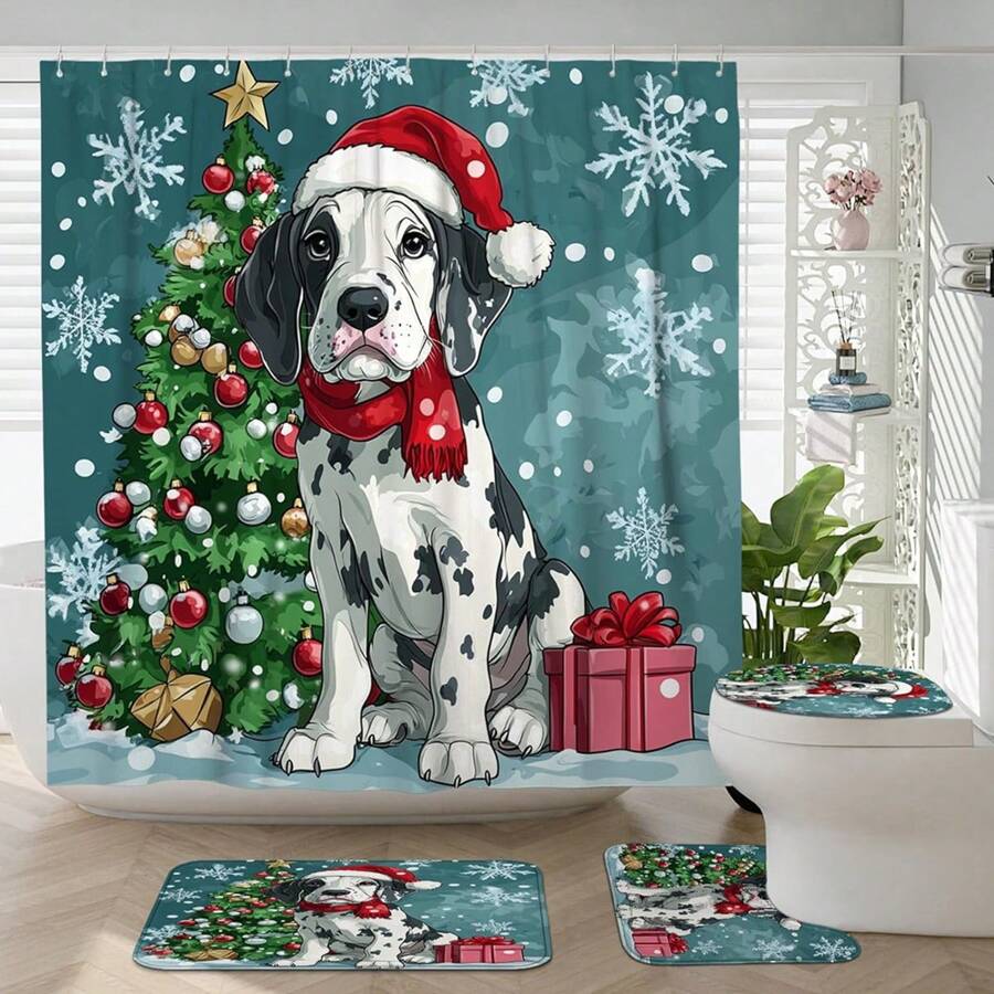 Bộ 4 rèm tắm hình chó Giáng sinh kèm thảm chống trượt, nắp bồn cầu hình chữ U, đồ trang trí phòng tắm hình chó vui nhộn và cây thông Noel, phụ kiện phòng tắm kèm móc treo - Nhiều màu - Xem 1