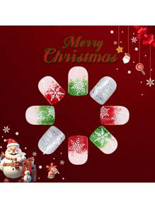 24 件短款亮面方形指甲贴，2024 年新款圣诞法式渐变雪花设计，红白亮片，配软胶和指甲锉 - 彩色 - 查看 3