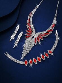 3 套精美超闪亮钻石项链、耳环和手链 - 适合女性日常佩戴、婚礼、派对等。 - 銀紅色 - 查看 3