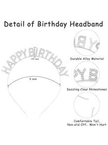 1 件锌合金皇冠头带，带有“生日快乐”文字和水钻，适合生日节日派对 - 銀色 - 查看 3