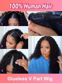 Loose Curly V Part Wig Human Hair  Glueless No Leave Out Upgrade V Part Human Hair Wigs For Black Women Curly Brazilian Virgin Human Hair U Part Wig V Shape No Sew In No Glue 250 Density Natural Color - Natural Black - Xem 9