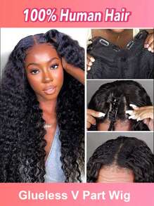 Loose Curly V Part Wig Human Hair  Glueless No Leave Out Upgrade V Part Human Hair Wigs For Black Women Curly Brazilian Virgin Human Hair U Part Wig V Shape No Sew In No Glue 250 Density Natural Color - Natural Black - Xem 6