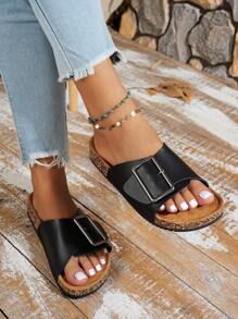 Damen einfache quadratische Schnallen-Slipper Sandalen mit Unifarbe, flach, atmungsaktiv, Große Größen