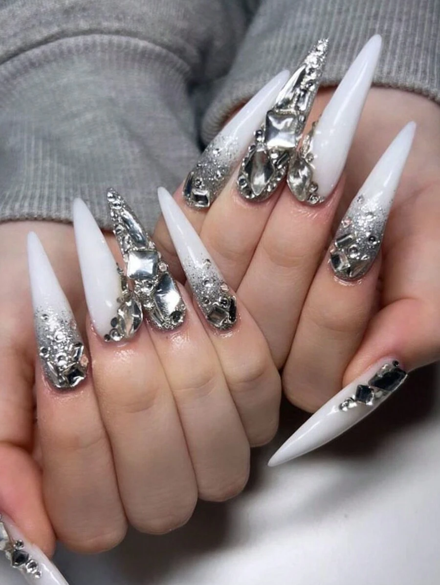 24Pcs Silver Bling Crystal Sharp False Nails +1Pc Jelly Gel +1Pc Buffer Block Press On Nails Nail Supplies Nails