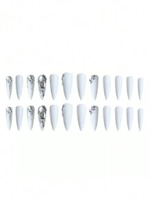 24Pcs Silver Bling Crystal Sharp False Nails +1Pc Jelly Gel +1Pc Buffer Block Press On Nails Nail Supplies Nails - Multicolor - View 3