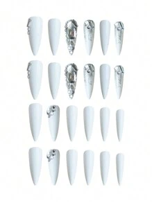 24Pcs Silver Bling Crystal Sharp False Nails +1Pc Jelly Gel +1Pc Buffer Block Press On Nails Nail Supplies Nails - Multicolor - View 4